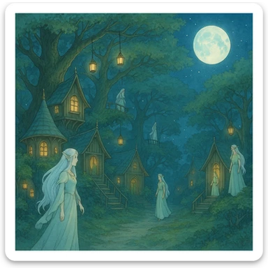 moonlit elven village nestled in ancient trees, Ghibli-inspired fantasy style sticker