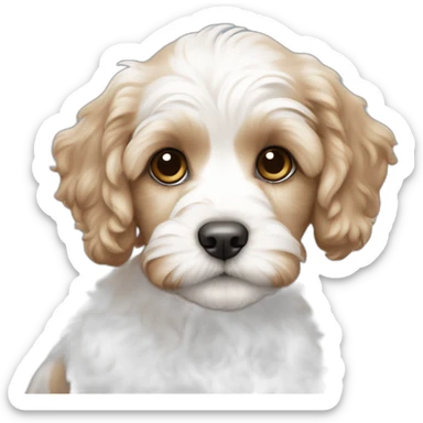 White cavapoo puppy with medium sized very light brown spot on right ear and chest sticker