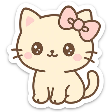cute beige cat with a pink bow, coquette style, kawaii sticker