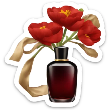 Dark red sophisticated perfume bottle with red buttercups and a silk scarf sticker