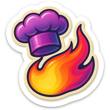 chef's hat with a trail of fire emoji, playful, synthwave colors, vibrant, matching style reference file
 sticker