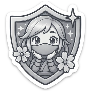 Change the badge color to silver for the Silver rank, keeping the same design of a chibi ninja girl with sakura flowers and sparkly effects, maintaining the badge shape. The image should have a transparent background and be sized for Twitch or Discord use. sticker