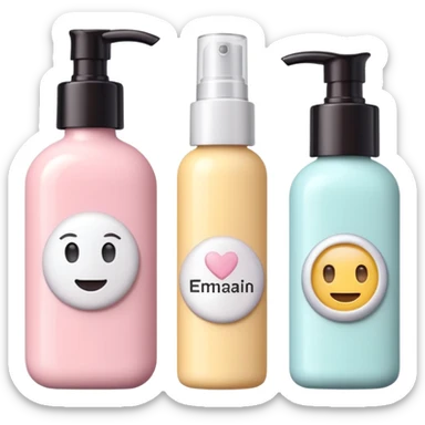 emoji of three different beauty products, with brand labels, minimalistic but luxury design (realistic), pastel colors sticker