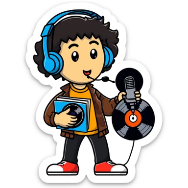 Nardwuar holding vinyl records and his signature microphone sticker