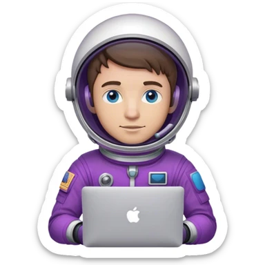 guy astronaut with purple suit, blue eyes, brown hair and one macbook sticker