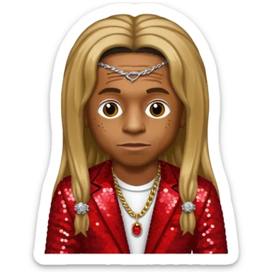 Lil Wayne with long dark blonde hair, red sequin outfit sticker
