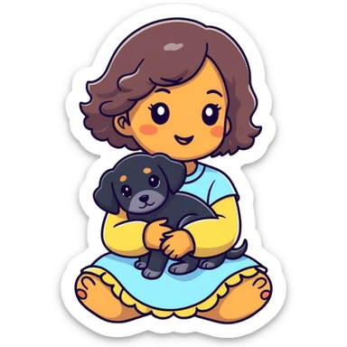 Chica cabello ondulado, media morena, con un cachorro negro  sticker