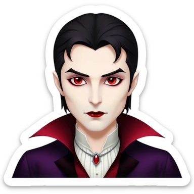 Cinematic Noble Vampire Portrait Emoji, Elegant and commanding, with a refined, pale visage framed by dark, velvet accents and a hint of crimson, exuding timeless seduction and dangerous allure, simplified yet exquisitely detailed, glowing with a soft nocturnal radiance and a subtle, mysterious outline that captures the regal spirit of an immortal lord of the night! sticker