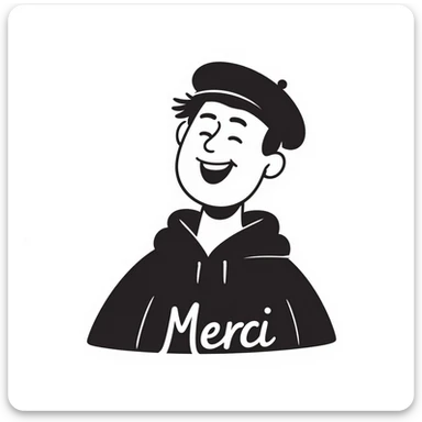 laughing man with black beret, sympathetic style, the word 'Merci' in handwritten font, text integrated, hand-drawn notion style sticker