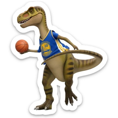 A spinosaurus playing basketball  with a golden state warriors jersey sticker