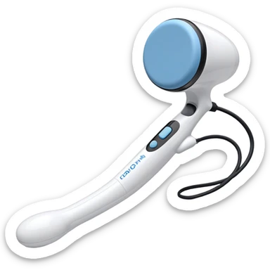 a white handheld massager with a rounded, padded head and a long handle. The handle features a blue accent area with a small black switch in the center, and a cord emerging from the bottom. The head is slightly larger than the handle and attached with a short blue neck sticker