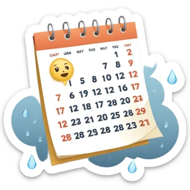 Minimalist emoji of a tilted, crumpled calendar page with faint, incomplete checklist marks, a small rain cloud dripping above it, and a dim, muted colour palette to symbolise a productivity slump and lost discipline. Flat vector style, soft shadows, transparent background sticker