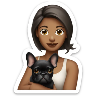 Brunette Woman holding black and tan French bulldog sticker