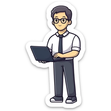 full body male teacher in casual clothes holding a laptop sticker