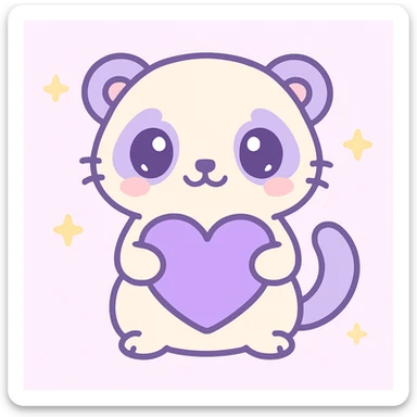 coquette ferret with a purple heart, kawaii style, sparkly eyes, bashful expression sticker