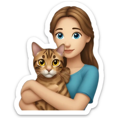 a beautiful girl with blue eyes and brown hair is holding a Bengal cat with yellow eyes in her arms sticker
