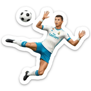 Ronaldo doing a bicycle kick with football in mid air While wearing a Retro blue Real madrid kit and yes i want it to be exactly the same as he Scored it in 2018 vs Juventus  sticker