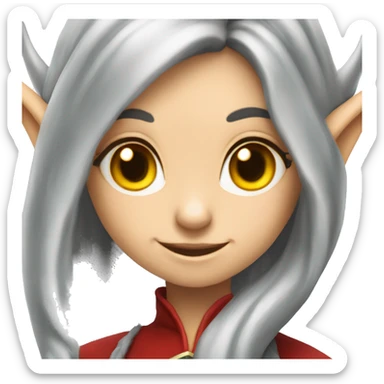 A young female elf with gray long hair, yellow eyes and red dragon horns and a sly smile sticker