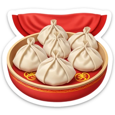 Chinese New Year dumplings Jiaozi with red background elements, simplified emoji style with bold outlines and bright colors, cartoon style festive food sticker