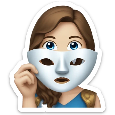 A girl with blue eyes, white skin and brown hair, holding a theater mask in her hand sticker