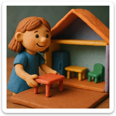 smiling girl arranging furniture in doll house sticker