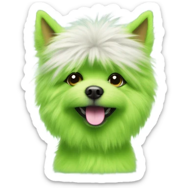 lime green fluffy dog with pointy ears with a martini sticker