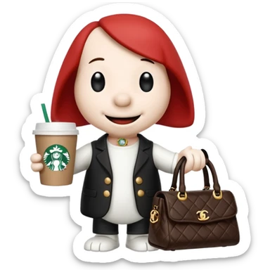 snoopy in a desk with starbucks and his chanel purse sticker