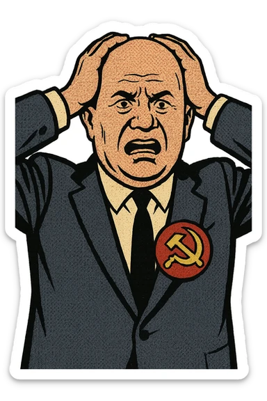 Soviet leader Khrushchev facing forward. He is wearing a suit with a large communist badge on his chest with his hands on his head looking worried. sticker