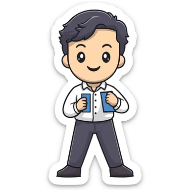 Management educator with black wavy hair, stubble, strong features, white skin, smart casual attire, facilitating an engaging leadership exercise with workshop participants, standing with confident posture sticker