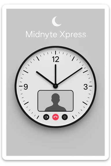 A stylized clock at 12:00 with a FaceTime call interface in the middle, 'Midnyte Xpress' written above, with a half moon icon above the text. Clean, contemporary, modern, clear, visually balanced, minimalist, tech-forward style. sticker