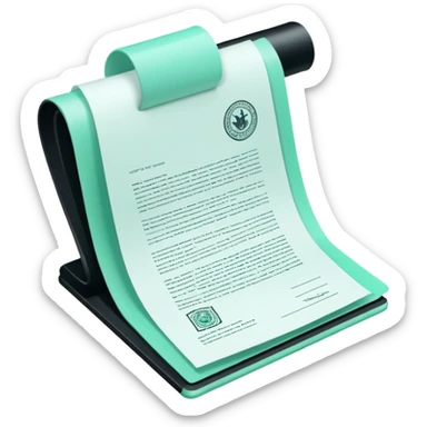 Commande Publique (Public Procurement), 3D techy icon with black and mint green (#B5F4D3) color scheme, contract document with official stamp sticker