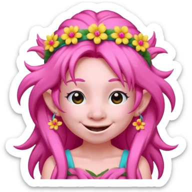 pink troll character, long hair, flower headband, joyful sticker
