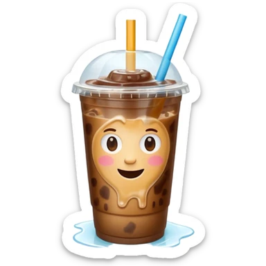 A 3D cartoon plastic cup of iced coffee with straw, clear lid, ice cubes floating, realistic condensation, bright sunlight, Memoji-style. sticker
