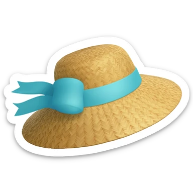 a straw hat with a light blue ribbon and bow sticker