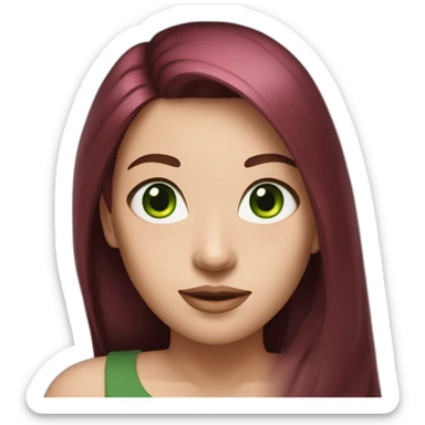 woman, long straight ruby hair, white skin, green eyes, black tshirt sticker