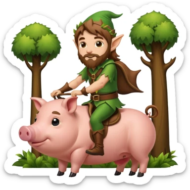 tiny forest elf man long brown hair beard riding pig sticker