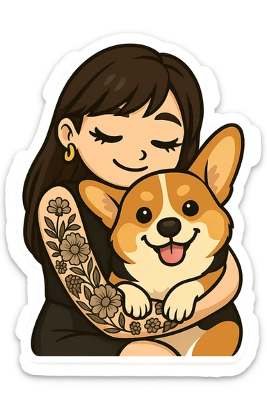 Create a single expressive emoji of an Asian girl wearing a black leather dress with gold earrings, long hair with wispy deep side bangs, false lashes, and a 3/4 sleeve tattoo on her left arm. She is hugging a happy red head tri-color corgi. The emoji should be simplified, clear, and emoji-like with a transparent background. sticker