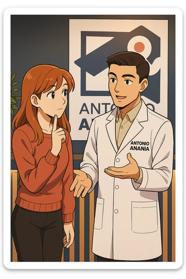 su questo stile fai un manga/webtoon a colori in cui una donna SI TOCCA IL MENTO MENTRE FA UNA DOMANDA ALL'UOMO, l'uomo della foto in stile manga LE SPIEGA CHE DEVE PROVARE LA SUA VALUTAZIONE MEDICA, mantieni un ambiente simile alla foto che ho allegato con il suo logo (sarebbe il suo studio, lui è un kinesiologo), scrivigli "ANTONIO ANANIA" sul camice bianco, non mettere fumetti, ma fai in modo che sembri che la donna CHIEDA E  l'uomo RISPONDA sticker