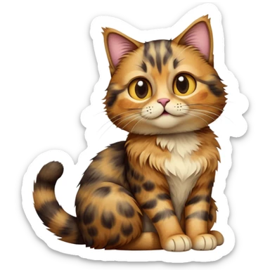 cinematic-[tortoiseshell tabby cat]-realistic-full-body-sitting-emoji,-tail-curled-playfully-around-its-paws,-head-tilted-dramatically,-scruffy-[tortoiseshell coloured]-fur,-simplified-yet-realistic-focused-features,-highly-detailed,-glowing-with-an-almost-sarcastic-glow sticker