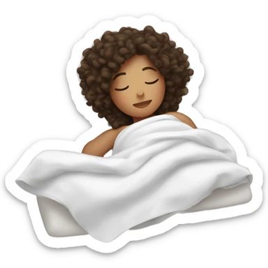 Curly brunette girl sleeping in bed with white sheets  sticker