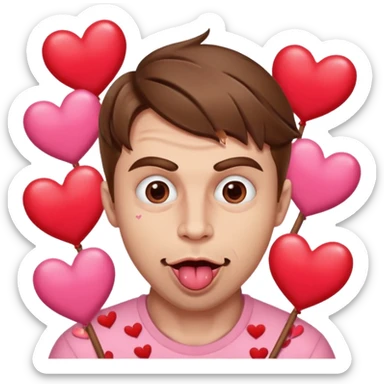 A cross eyed man with brown hair goon face their tongue out far with Valentine’s Day decor/hearts around eyes facing different directions sticker