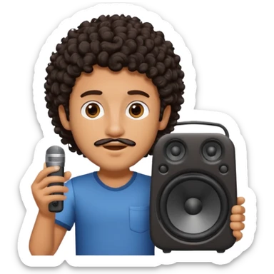 Boy with tanned skin, dark curly hair, a bit of a beard, and a music speaker in his hand. sticker