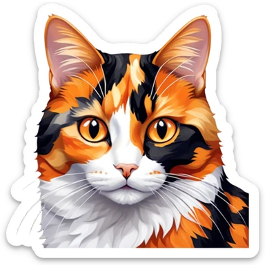 Cinematic Noble Calico Cat Portrait Emoji, Poised and regal, with a striking patchwork fur in vibrant orange, black, and white hues, delicate whiskers and a refined, focused gaze, simplified yet exquisitely detailed, glowing with a soft, moonlit radiance and an air of aristocratic elegance, high shine, exuding dignified intelligence and poised authority, soft glowing outline, capturing the essence of a watchful and noble calico cat that appears ready to grace the screen with effortless majesty! sticker