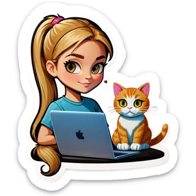 Blonde girl ponytail macBook and a cat sticker