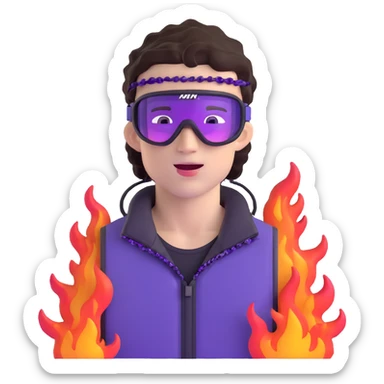 close-up of cool guy male athlete with white skin and moderately curly dark brown hair on top with shaved sides, with one purple ski goggle lens pushed up above his eyes on his forehead, sticking his tongue out of his mouth, a simple plain black chain necklace, and a completely unzipped sleeveless vest with purple and black sequin fire pattern design with no logo sticker