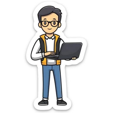 full body male teacher in casual clothes holding a laptop sticker