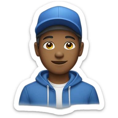 A 14-year-old man wearing blue clothes and a white hat  sticker