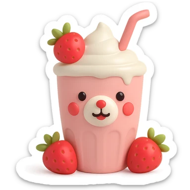 Edit the image to show a 3D vinyl figure style strawberry milkshake cup with a straw, a bear character peeking out, two strawberries with green leaves, pastel palette, soft shadows, minimal design, with no background. sticker