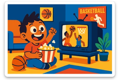child excitedly watching a basketball game on TV in a living room with a playful atmosphere sticker