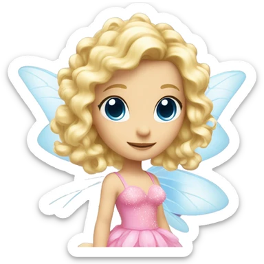 Fairy, a blonde hair with blue eyes and a pink dress with sparkly wings. Flowers. White wings. The fairy has long, curly hair with a lot of volume sticker